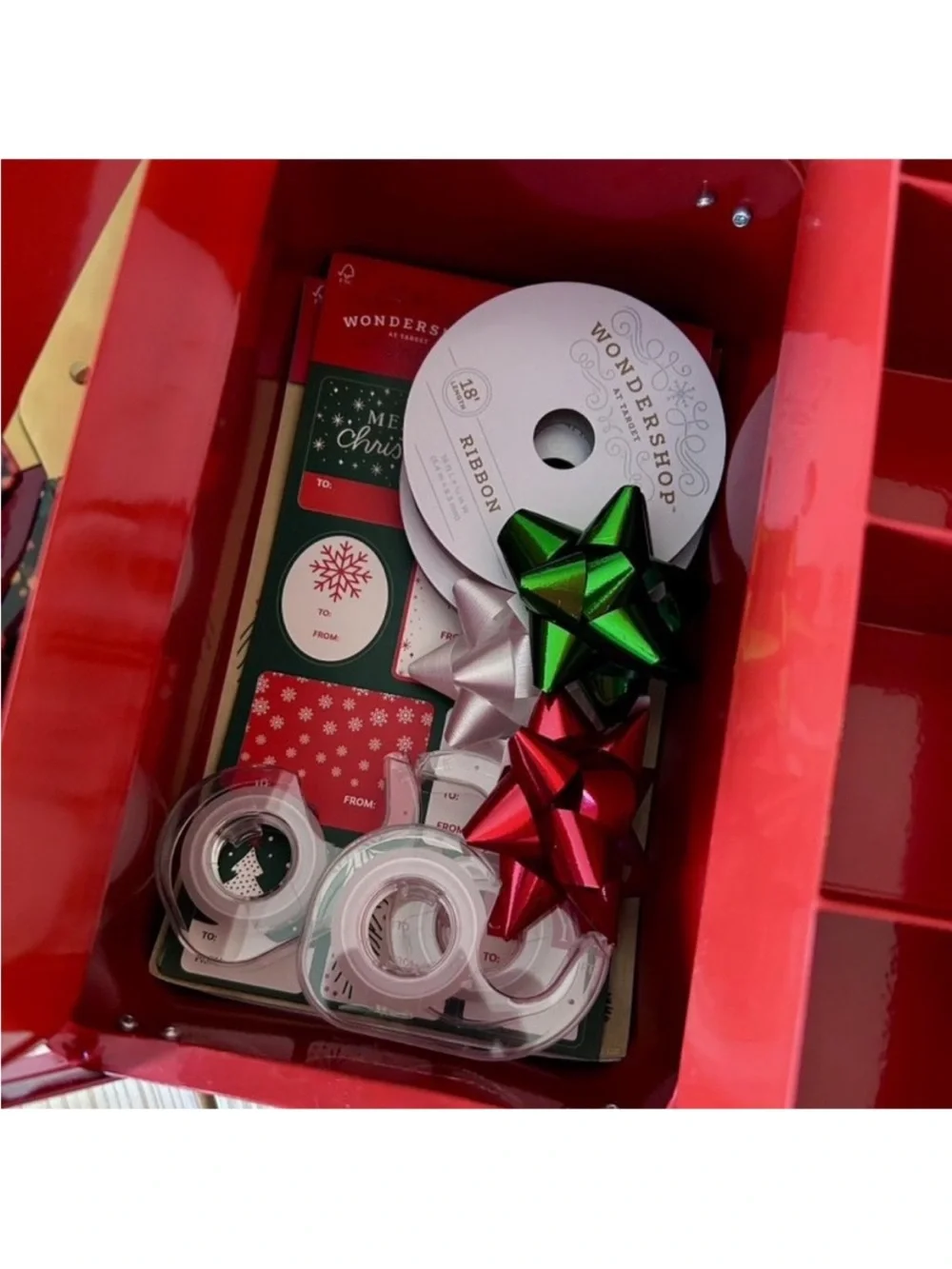 Red Metal Holiday Accessory Organizer , 9.6” H x 10” W x 6.4” D